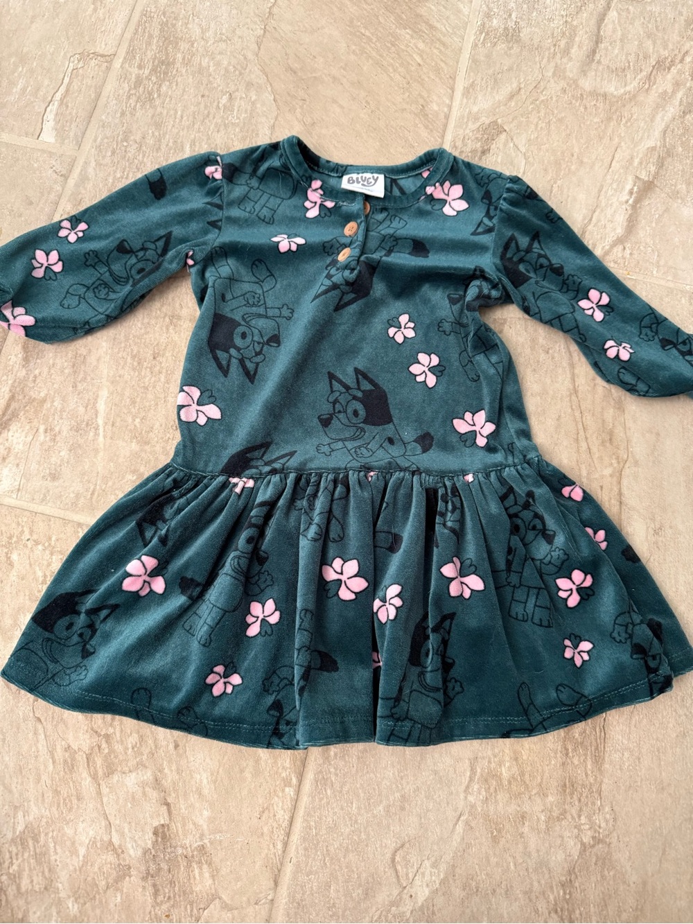 Bluey Teal Floral Long-Sleeve Velour Kids Dress